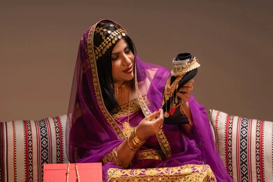 اختيار الحلي باستخدام الذوق الرفيع، منتجات ومساحيق التجميل، التقاليد في التقدم لطلب يد الفتاة، احتفالات سعيدة ومناسبات، صورة مقربة لسيدة عربية خليجية اماراتية تقوم باستعراض التحضيرات والتجهيزات للزفاف ترتدي الملابس التقليدية، الاحتفال بليلة العمر