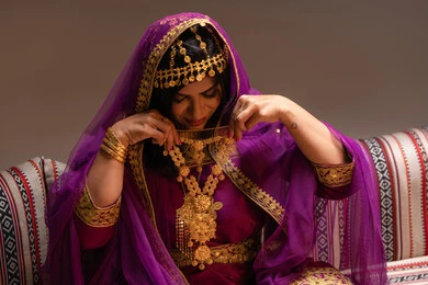 تطبيق الحلي وارتدائه قبل الزفاف ، منتجات ومساحيق التجميل، التقاليد في التقدم لطلب يد الفتاة، احتفالات سعيدة ومناسبات، صورة مقربة لسيدة عربية خليجية اماراتية تقوم باستعراض التحضيرات والتجهيزات للزفاف ترتدي الملابس التقليدية، إيماءات السعادة والفرح، الاحتفال بليلة العمر