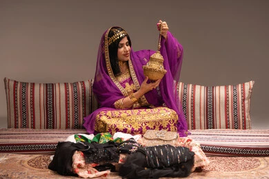 مراسم وتقاليد الأعراس والاحتفالات، الاحتفال بليلة العمر، استعراض التحضيرات والتجهيزات للزفاف، مفهوم التزين والاطلالة المتألقة، الأفراح والمناسبات السعيدة، عروس عربية خليجية اماراتية ترتدي الزي التقليدي الشعبي تمسك بيدها مبخرة تقليدية ذهبية،التطيب بالبخور والعود