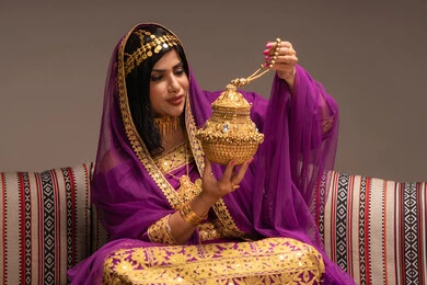 Celebrating the night of a lifetime, showcasing the preparations and arrangements for the wedding, the concept of adornment and a dazzling appearance, joyful celebrations and happy occasions, the rituals and traditions of weddings and celebrations, an Arab Gulf Emirati bride wearing traditional folk attire holding a traditional golden incense burner in her hand, perfuming with incense and oud.