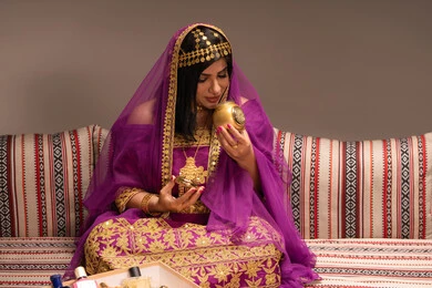 استنشاق رائحة المسك للعروس، مفهوم التزيين والإطلالة المتألقة، التزين بالحلي و المجوهرات الذهبية ، استخدام مساحيق التجميل لإبراز الجمال، عروس عربية خليجية اماراتية ترتدي الزي التقليدي الشعبي تقوم باستعراض التحضيرات والتجهيزات للزفاف، الاستعداد للاحتفال بليلة العمر