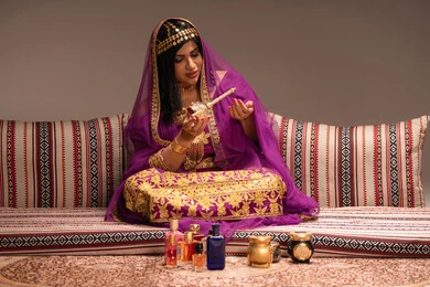 روائح طيبة وعطور، مفهوم التزيين والإطلالة المتألقة، التزين بالحلي و المجوهرات الذهبية ، استخدام مساحيق التجميل لإبراز الجمال، عروس عربية خليجية اماراتية ترتدي الزي التقليدي الشعبي تقوم باستعراض التحضيرات والتجهيزات للزفاف، الاستعداد للاحتفال بليلة العمر