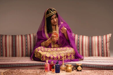 لوازم عطرية في حفل زفاف، مفهوم التزيين والإطلالة المتألقة، التزين بالحلي و المجوهرات الذهبية ، استخدام مساحيق التجميل لإبراز الجمال، عروس عربية خليجية اماراتية ترتدي الزي التقليدي الشعبي تقوم باستعراض التحضيرات والتجهيزات للزفاف، الاستعداد للاحتفال بليلة العمر