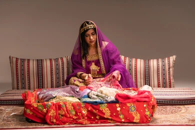 عرض فستان بلون صيفي مناسب لحفلات الزفاف، التقاليد في التقدم لطلب يد الفتاة، احتفالات ومناسبات سعيدة، شابة عربية خليجية اماراتية ترتدي الزي الشعبي التقليدي تقوم باستعراض التحضيرات والتجهيزات للزفاف بإيماءات السعادة والفرح، الاحتفال بليلة العمر