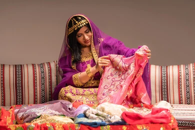 عرض فستان بلون صيفي مناسب لحفلات الزفاف، التقاليد في التقدم لطلب يد الفتاة، احتفالات ومناسبات سعيدة، شابة عربية خليجية اماراتية ترتدي الزي الشعبي التقليدي تقوم باستعراض التحضيرات والتجهيزات للزفاف بإيماءات السعادة والفرح، الاحتفال بليلة العمر