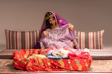 التقاليد في التقدم لطلب يد الفتاة، عرض فستان بلون صيفي مناسب لحفلات الزفاف، احتفالات ومناسبات سعيدة، شابة عربية خليجية اماراتية ترتدي الزي الشعبي التقليدي تقوم باستعراض التحضيرات والتجهيزات للزفاف بإيماءات السعادة والفرح، الاحتفال بليلة العمر