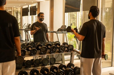 المحافظة على نظام الحياة الصحي, ممارسة الرياضات المفضلة مع الأصدقاء, أهمية الرياضة لبناء جسد قوي، الاهتمام بالصحة واللياقة الجسدية، رجل سعودي يمارس تمرين لتحسين وضعية الجسم والتوازن، شاب عربي خليجي سعودي يرتدي الزي الرياضي يقوم بممارسة التمارين وحمل الاثقال