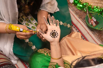 الزينة الشعبية التقليدية، زخارف وفنون يدويه من مواد طبيعيه، عادات وتقاليد في المناسبات والأفراح السعيدة، تصوير مقرب ليد إمرأة عربية خليجية إماراتية تقوم برسم و نقش الحنة على يد العروس ، مهن وأزياء تقليدية شعبية نسائية