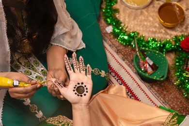 التجمل والاهتمام بالمظهر الخارجي على الطريقة الشعبية، زخارف وفنون يدويه من مواد طبيعيه، عادات وتقاليد في المناسبات والأفراح السعيدة، تصوير مقرب ليد إمرأة عربية خليجية إماراتية تقوم برسم و نقش الحنة على يد العروس ، مهن وأزياء تقليدية شعبية نسائية