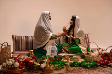 مراسم الأعراس والزواج، أصالة العادات والتقاليد الخليجية، الاحتفال بالمناسبات والأفراح السعيدة, امراة عربيه خليجيه اماراتية  ترتدي الزي الشعبي تحمل بيدها حامل البخور( المبخرة ) تقوم بتبخير العروسة، التطيب بالمسك والعود