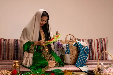ارتداء الزي الشعبي في المناسبات والاحتفالات، منتج محلي وطني ، تراثيات وشعبيات اماراتيه تقليديه ، امراة عربية خليجية اماراتية ترتدي العباءة المطرزة تمسك قطعة قماش مصنوعه بالتطريز اليدوي الشعبي التقليدي و تنظر اليها
