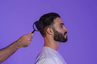 Providing personal care services, hair care and physical hygiene, treating head lice, treating dandruff and hair loss, close-up portrait of a hand placing a magnifying glass on the head of a young Arab Gulf Emirati, purple background