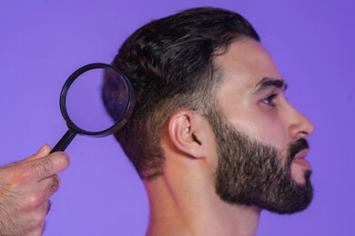 علاج الراس من القمل, معالجة القشرة و التساقط, تقديم خدمات العناية الشخصية, بورتريه مقرب ليد تضع العدسة المكبرة على رأس شاب عربي خليجي اماراتي,  خلفية بنفسجية