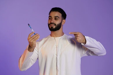 الاشارة باصبع السبابة, حماية السن من التسوس، مفهوم العناية بصحة ونظافة الفم، الاهتمام بالأناقة والمظهر الخارجي، المحافظة على ابتسامة بيضاء، بورتريه لرجل عربي خليجي اماراتي يرتدي الكندورة الاماراتية و يمسك الفرشاة، خلفية بنفسجية
