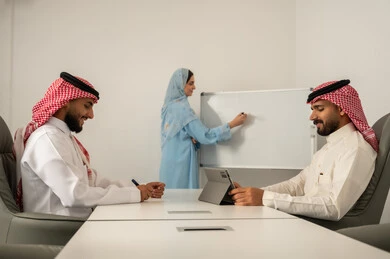 مناقشة مشروع تدريب و تطوير، توضيح العمليات و الاجراءات المتبعة في الشركة، العمل الجماعي و التعاون، فريق عربي خليجي سعودي مكون من رجلين يرتديان الثوب التقليدي و الشماغ و سيدة محجبة ترتدي العباءة الزرقاء و تشرح لزملائها باستعمال السبورة, استخدام التابلت في تدوين الملاحظات
