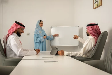 استعمال السبورة لتوضيح العمليات و الاجراءات المتبعة في الشركة، العمل الجماعي و التعاون، فريق عربي خليجي سعودي مكون من رجلين يرتديان الثوب التقليدي و الشماغ و سيدة محجبة ترتدي العباءة الزرقاء و تشرح الاستيراتيجية لزملائها, ضمان فهم واضح و شامل للاعمال, استخدام التابلت في تدوين الملاحظات