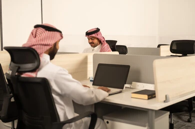 Designated spaces for each employee in the company, focus and meticulous work, dialogues and discussions within the team, business and company development, work meetings and project completion, discussing plans and explaining work tasks, Arab Saudi Gulf colleagues using laptops.