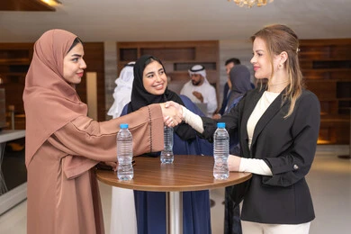 المصافحة والسلام في بداية العمل، التخطيط الاستراتيجي والتنظيم لتحقيق الأهداف، عقد الصفقات الجديدة، التعارف وبناء العلاقات الاجتماعية، مجموعة سيدات عربيات خليجيات اماراتيات تناقش اساليب العمل والتطوير المهني مع سيدة اعمال اجنبية، عقد اجتماع داخل مقر الشركة