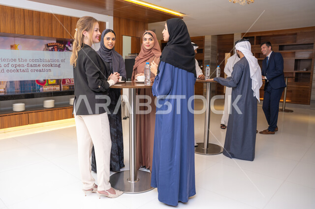وظائف ادارية مكتبية، النقاش والتفاهم بين الموظفين، تبادل الخبرات والمعلومات لتحقيق الاهداف، التخطيط الاستراتيجي والتنظيم لتحقيق الأهداف، عقد الصفقات الجديدة، مجموعة سيدات عربيات خليجيات اماراتيات تناقش اساليب العمل والتطوير المهني مع سيدة اعمال اجنبية