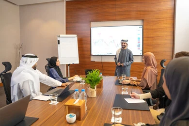 استخدام السبورة لفهم واضح، استخدام شاشة العرض لتاكيد الفهم، النقاش والتفاهم بين الموظفين، الخطط الاستراتيجية لتحقيق الأهداف، عقد اجتماع داخل الشركة، مهن ووظائف مكتبية، رجل عربي خليجي اماراتي يشرح اساليب العمل والتطوير المهني لمجموعة من الاشخاص العرب والاجانب