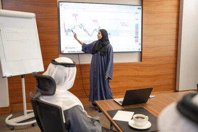 لشرح اوضح استخدام شاشة العرض، ضمان فهم واضح وشامل للاعمال، النقاش والتفاهم بين الموظفين، الخطط الاستراتيجية لتحقيق الأهداف، عقد اجتماع داخل الشركة، مهن  مكتبية، إمراة عربية خليجية اماراتية تشرح اساليب العمل والتطوير المهني لمجموعة من الاشخاص العرب والاجانب