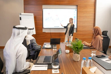 التعاون بين الشركات المختلفة، الحوار والتفاهم بين الموظفين، الوحدة والعمل الجماعي، مهن ووظائف مكتبية، استخدام شاشة العرض لشرح اوضح، ضمان فهم واضح وشامل للاعمال، الخطط الاستراتيجية لتحقيق الأهداف، سيد اعمال اجنبية تناقش اساليب العمل والتطوير المهني داخل شركة امارتية