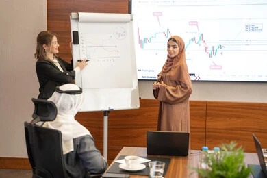 Explaining information through writing on the board, new partnership deals, an Emirati work environment, dialogue and understanding among employees, unity and teamwork, office professions and jobs, ensuring a clear and comprehensive understanding of business, a foreign businesswoman discussing work methods and professional development with an Emirati woman. Explaining information through writing on the board, new partnership deals, an Emirati work environment, dialogue and understanding among employees, unity and teamwork, office professions and jobs, ensuring a clear and comprehensive understanding of business, a foreign businesswoman discussing work methods and professional development with an Emirati woman.