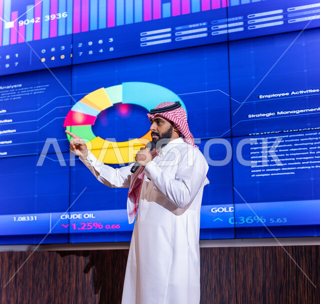 رجل اعمال عربي خليجي سعودي في مؤتمر اقتصادي ، شرح الرسم البياني لسوق الاوراق المالية  ،دراسة و تحليل الجدوى لمشاريع الشركة ،تحليل البيانات المالية ، تقييم الخطط و  المشاريع المقترحة