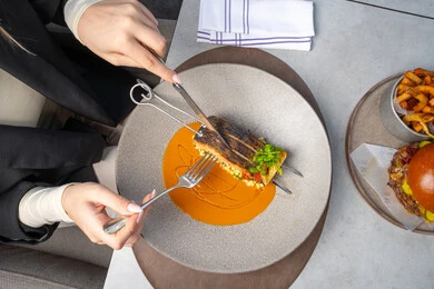 وجبات الطعام الشهية، مطاعم عربية خلجية اماراتية، وصفات وأطباق شهية ولذيذة، فنون التقديم في مطاعم ومطابخ الامارات العربية المتحدة، فن الاتيكيت واداب الطعام، مأكولات بحرية و صحية، طبق فيليه سمك السلمون المشوي مع الصوص والنباتات الخضراء