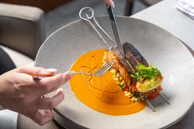 مأكولات بحرية و صحية، فن الاتيكيت واداب الطعام، طبق فيليه سمك السلمون المشوي مع الصوص والنباتات الخضراء، وجبات الطعام الشهية، مطاعم عربية خلجية اماراتية، وصفات وأطباق شهية ولذيذة، فنون التقديم في مطاعم ومطابخ الامارات العربية المتحدة