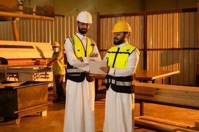 Sharing ideas and experiences, manufacturing home and office furniture, workshops in the Kingdom of Saudi Arabia, the quality of national local production, an Arab Gulf Saudi engineer in traditional dress, helmet, and safety vest standing alongside a colleague monitoring the workflow, writing and taking notes.