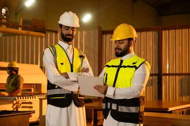 Exchange of views and experiences, manufacturing of home and office furniture, workshops in the Kingdom of Saudi Arabia, quality of national local production, an Arab Gulf Saudi engineer in traditional dress, helmet, and safety vest standing alongside a colleague monitoring the workflow, writing and taking notes.