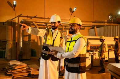 Workshops in the Kingdom of Saudi Arabia, referring to something, the production of home and office furniture, the quality of national local production, an Arab Gulf Saudi engineer wearing a thobe, helmet, and safety vest standing alongside a colleague, monitoring the workflow, writing and taking notes.