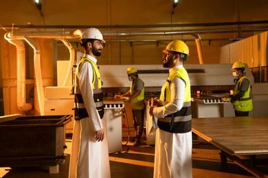 تبادل الاراء و الخبرات ، ورشات النجارة في المملكة العربية السعودية، معمل تصنيع الأثاث الخشبي، مهن ووظائف صناعية، مهندس عربي خليجي سعودي يرتدي الخوذة و سترة الحماية يقف مع زميلة داخل المصنع  يتناقشان فى خطة سير العمل