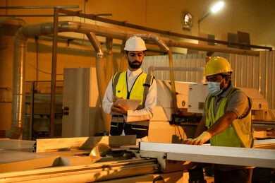 Working in the industrial sector, a factory for manufacturing home furniture, a worker operating a laser wood cutting machine, technological development and advancement in the wood industry, a Saudi Gulf Arab engineer wearing a helmet and safety vest supervising the workers, writing and taking notes. Working in the industrial sector, a factory for manufacturing home furniture, a worker operating a laser wood cutting machine, technological development and advancement in the wood industry, a Saudi Gulf Arab engineer wearing a helmet and safety vest supervising the workers, writing and taking notes.