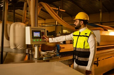 اختيار الرسومات والنقوش عبر الحاسب الآلي، التقدم والتطور التقني في صناعة الخزائن الخشبيه، العمل في القطاع الصناعي, مهندس عربي خليجي سعودي يرتدي الخوذة وسترة الحماية يعمل على آلة الطباعة الليزرية, معمل تصنيع الأثاث المنزلي