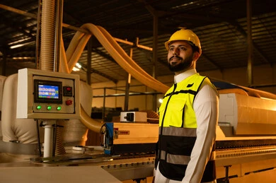 Looking at something, supervising the progress of the work plan, workshops and old traditional professions, factories and plants in the Kingdom of Saudi Arabia, a Saudi Gulf Arab engineer wearing a thobe, helmet, and safety vest stands inside the factory, a wood manufacturing workshop.