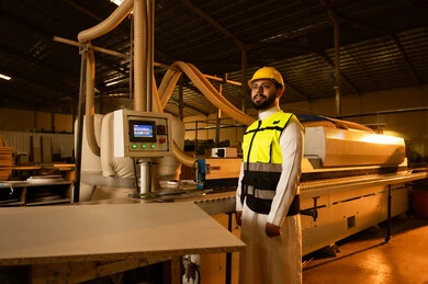 Workshops and traditional crafts, looking at something, supervising the progress of the work plan, factories and workshops in the Kingdom of Saudi Arabia, an Arab Gulf engineer wearing a thobe, helmet, and safety vest standing inside the factory, wood manufacturing workshop.