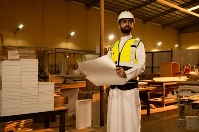 Carpentry workshops in the Kingdom of Saudi Arabia, supervising the progress of the work plan, popular crafts and professions, wooden furniture manufacturing workshop, an Arab Gulf Saudi engineer wearing a vest and safety helmet holding engineering plans in his hand, looking at something.