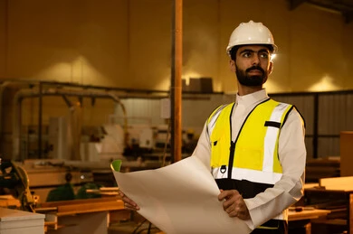 Supervising the progress of the work plan, crafts and popular professions, wooden furniture manufacturing workshop, carpentry workshops in the Kingdom of Saudi Arabia, an Arab Gulf engineer wearing a vest and safety helmet holding engineering plans in his hand, looking at something.