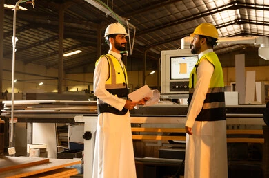 Monitoring the progress of work, popular crafts and professions, purposeful dialogues and discussions, wooden furniture manufacturing workshop, carpentry workshops in Saudi Arabia, two Arab Gulf engineers from Saudi Arabia wearing safety vests and helmets standing inside the factory.
