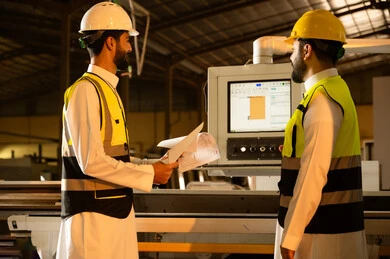 الإشراف على تنفيذ المهام، حرف ومهن شعبية، حوارات ونقاشات هادفة، معمل تصنيع الأثاث الخشبي، ورشات النجارة في السعودية، مهندسان عربيان خليجيان سعوديان يرتديان سترة وخوذة الحماية يقفان داخل المصنع الإشراف على تنفيذ المهام، حرف ومهن شعبية، حوارات ونقاشات هادفة، معمل تصنيع الأثاث الخشبي، ورشات النجارة في السعودية، مهندسان عربيان خليجيان سعوديان يرتديان سترة وخوذة الحماية يقفان داخل المصنع