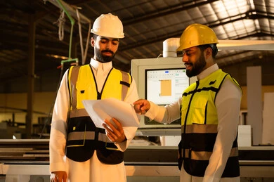 مراقبة سير خطة العمل، حرف ومهن شعبية، حوارات ونقاشات هادفة، معمل تصنيع الأثاث الخشبي، ورشات النجارة في السعودية، مهندسان عربيان خليجيان سعوديان يرتديان سترة وخوذة الحماية  يقفان داخل المصنع