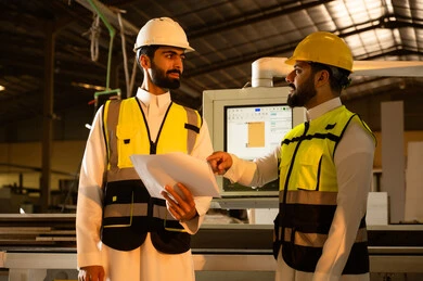 الإشراف على تقدم خطة العمل، حرف ومهن شعبية، حوارات ونقاشات هادفة، معمل تصنيع الأثاث الخشبي، ورشات النجارة في السعودية، مهندسان عربيان خليجيان سعوديان يرتديان سترة وخوذة الحماية  يقفان داخل المصنع