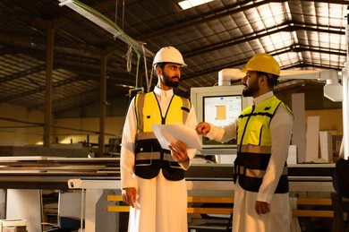 Monitoring the implementation of the work plan, crafts and popular professions, purposeful dialogues and discussions, wooden furniture manufacturing workshop, carpentry workshops in Saudi Arabia, two Arab Gulf engineers from Saudi Arabia wearing safety vests and helmets standing inside the factory.