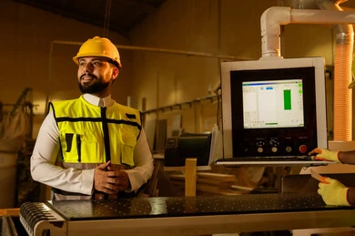 Supervising the progress of the work plan, looking at something, workshops and traditional crafts, factories and workshops in the Kingdom of Saudi Arabia, an Arab Gulf Saudi engineer wearing a thobe, helmet, and safety vest standing inside the factory, a wood manufacturing workshop.