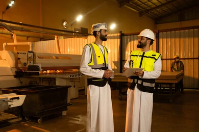 A local national product, discussing work matters, two Arab Gulf engineers from Oman wearing helmets and safety vests discussing the work plan, dialogue and agreement in a woodworking workshop, Omani Gulf professions and jobs, recording and taking notes.