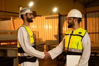 Greetings, communication, and agreement on work, workshops in the Sultanate of Oman, quality of national local production, traditional old crafts and professions, manufacturing of home and office furniture, an Arab Gulf Omani engineer wearing a turban and protective vest shaking hands with his colleague.