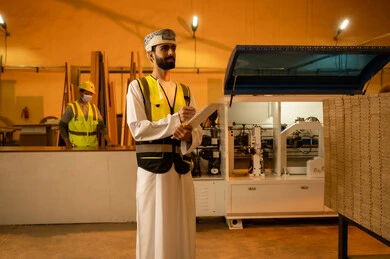 كتابة التحديثات حول سير المشروع، معمل تصنيع الأثاث المنزلي، التطور والتقدم التقني في صناعة الخشب، العمل في القطاع الصناعي، مهندس عربي خليجي عماني يرتدي العمامة و ستره الحماية  يقوم بتدوين و تسجيل الملاحظات، الاشراف على العمال
