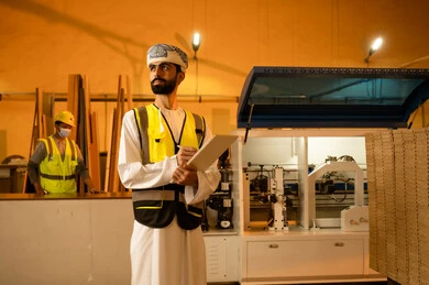 Writing the latest updates on the project, a home furniture manufacturing workshop, the development and technological advancement in the wood industry, working in the industrial sector, an Omani Gulf Arab engineer wearing a turban and protective vest is taking notes and recording observations, supervising the workers.